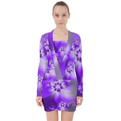 Violet Purple Flower Print V-neck Bodycon Long Sleeve Dress by SpinnyChairDesigns