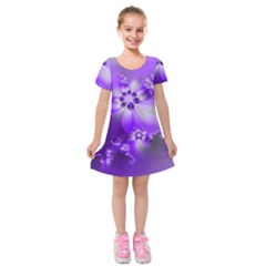 Violet Purple Flower Print Kids  Short Sleeve Velvet Dress by SpinnyChairDesigns