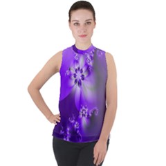 Violet Purple Flower Print Mock Neck Chiffon Sleeveless Top by SpinnyChairDesigns