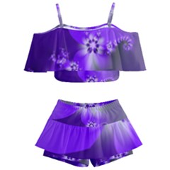 Violet Purple Flower Print Kids  Off Shoulder Skirt Bikini by SpinnyChairDesigns