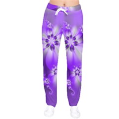 Violet Purple Flower Print Women Velvet Drawstring Pants by SpinnyChairDesigns