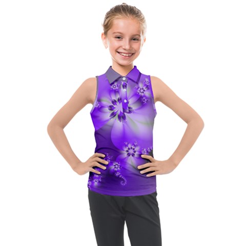 Violet Purple Flower Print Kids  Sleeveless Polo Tee by SpinnyChairDesigns