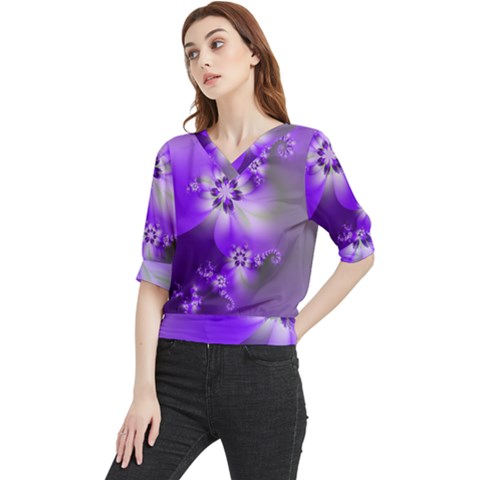 Violet Purple Flower Print Quarter Sleeve Blouse by SpinnyChairDesigns