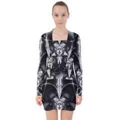 Abstract Black And White Art V-neck Bodycon Long Sleeve Dress by SpinnyChairDesigns