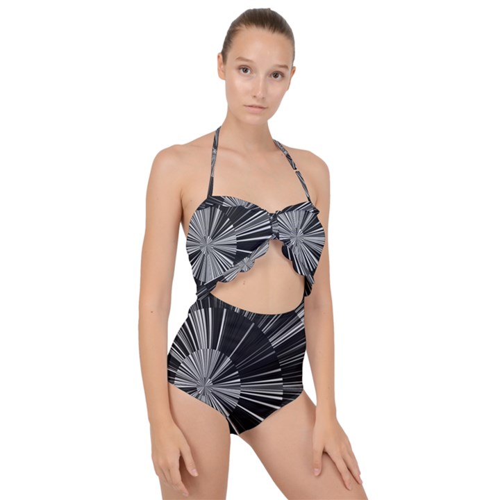 Abstract Black and White Stripes Scallop Top Cut Out Swimsuit