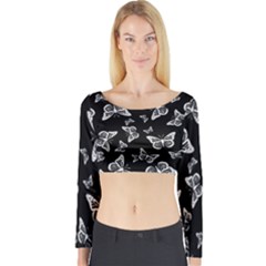 Black And White Butterfly Pattern Long Sleeve Crop Top by SpinnyChairDesigns