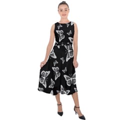 Black And White Butterfly Pattern Midi Tie-back Chiffon Dress by SpinnyChairDesigns