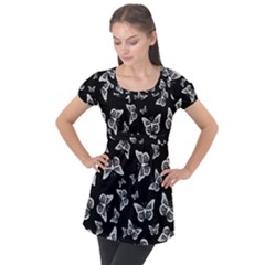 Black And White Butterfly Pattern Puff Sleeve Tunic Top by SpinnyChairDesigns