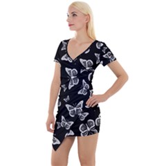 Black And White Butterfly Pattern Short Sleeve Asymmetric Mini Dress by SpinnyChairDesigns