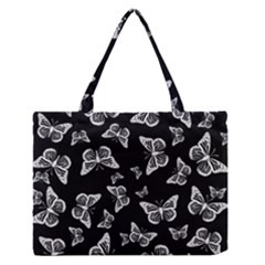 Black And White Butterfly Pattern Zipper Medium Tote Bag by SpinnyChairDesigns