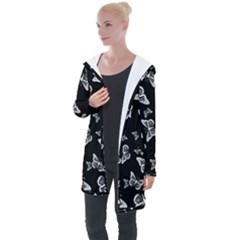 Black And White Butterfly Pattern Longline Hooded Cardigan by SpinnyChairDesigns