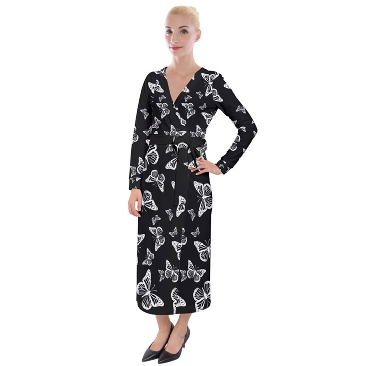 Black and White Butterfly Pattern Velvet Maxi Wrap Dress