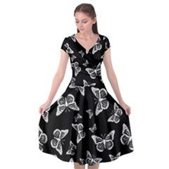 Black And White Butterfly Pattern Cap Sleeve Wrap Front Dress by SpinnyChairDesigns