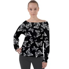 Black And White Butterfly Pattern Off Shoulder Long Sleeve Velour Top