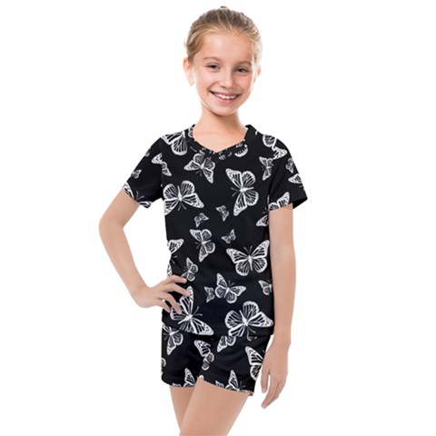 Black And White Butterfly Pattern Kids  Mesh Tee And Shorts Set by SpinnyChairDesigns