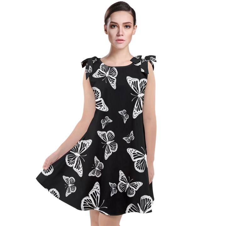 Black and White Butterfly Pattern Tie Up Tunic Dress