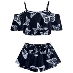 Black And White Butterfly Pattern Kids  Off Shoulder Skirt Bikini by SpinnyChairDesigns