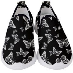 Black And White Butterfly Pattern Kids  Slip On Sneakers by SpinnyChairDesigns