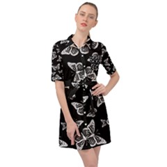 Black And White Butterfly Pattern Belted Shirt Dress by SpinnyChairDesigns