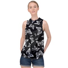 Black And White Butterfly Pattern High Neck Satin Top by SpinnyChairDesigns