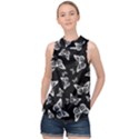 Black and White Butterfly Pattern High Neck Satin Top View1