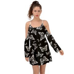 Black And White Butterfly Pattern Kimono Sleeves Boho Dress by SpinnyChairDesigns