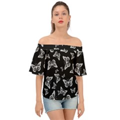 Black And White Butterfly Pattern Off Shoulder Short Sleeve Top by SpinnyChairDesigns