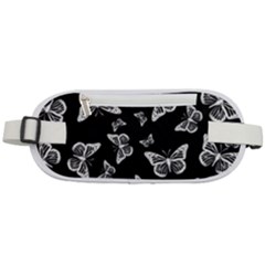 Black And White Butterfly Pattern Rounded Waist Pouch by SpinnyChairDesigns