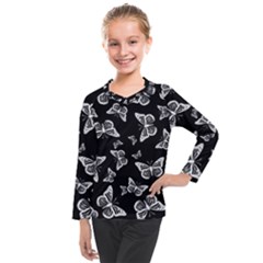 Black And White Butterfly Pattern Kids  Long Mesh Tee