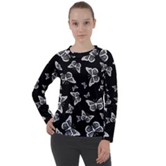 Black And White Butterfly Pattern Women s Long Sleeve Raglan Tee