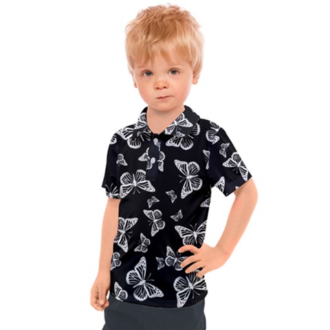 Black And White Butterfly Pattern Kids  Polo Tee by SpinnyChairDesigns