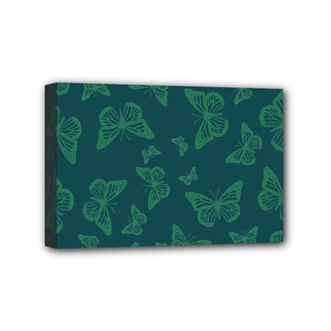 Midnight Green Butterflies Pattern Mini Canvas 6  X 4  (stretched) by SpinnyChairDesigns