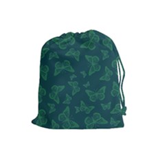 Midnight Green Butterflies Pattern Drawstring Pouch (large) by SpinnyChairDesigns