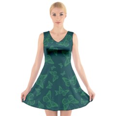 Midnight Green Butterflies Pattern V-neck Sleeveless Dress by SpinnyChairDesigns