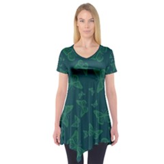 Midnight Green Butterflies Pattern Short Sleeve Tunic  by SpinnyChairDesigns