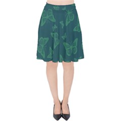 Midnight Green Butterflies Pattern Velvet High Waist Skirt by SpinnyChairDesigns