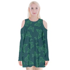 Midnight Green Butterflies Pattern Velvet Long Sleeve Shoulder Cutout Dress by SpinnyChairDesigns