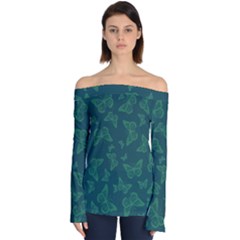 Midnight Green Butterflies Pattern Off Shoulder Long Sleeve Top by SpinnyChairDesigns