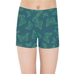 Midnight Green Butterflies Pattern Kids  Sports Shorts by SpinnyChairDesigns