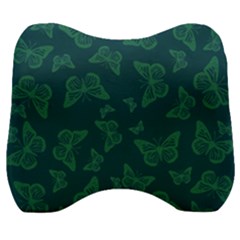 Midnight Green Butterflies Pattern Velour Head Support Cushion by SpinnyChairDesigns