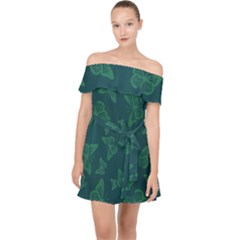 Midnight Green Butterflies Pattern Off Shoulder Chiffon Dress by SpinnyChairDesigns