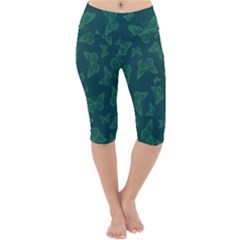 Midnight Green Butterflies Pattern Lightweight Velour Cropped Yoga Leggings by SpinnyChairDesigns