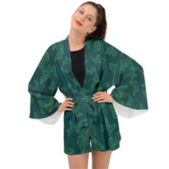 Midnight Green Butterflies Pattern Long Sleeve Kimono by SpinnyChairDesigns