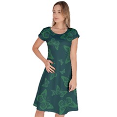 Midnight Green Butterflies Pattern Classic Short Sleeve Dress