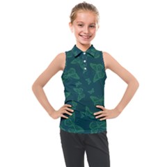 Midnight Green Butterflies Pattern Kids  Sleeveless Polo Tee