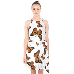 Monarch Butterflies Halter Collar Waist Tie Chiffon Dress by SpinnyChairDesigns