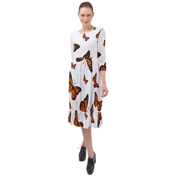 Monarch Butterflies Ruffle End Midi Chiffon Dress