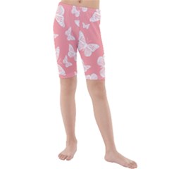 Pink And White Butterflies Kids  Mid Length Swim Shorts by SpinnyChairDesigns