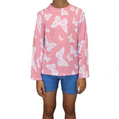 Pink And White Butterflies Kids  Long Sleeve Swimwear by SpinnyChairDesigns