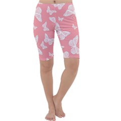 Pink And White Butterflies Cropped Leggings  by SpinnyChairDesigns